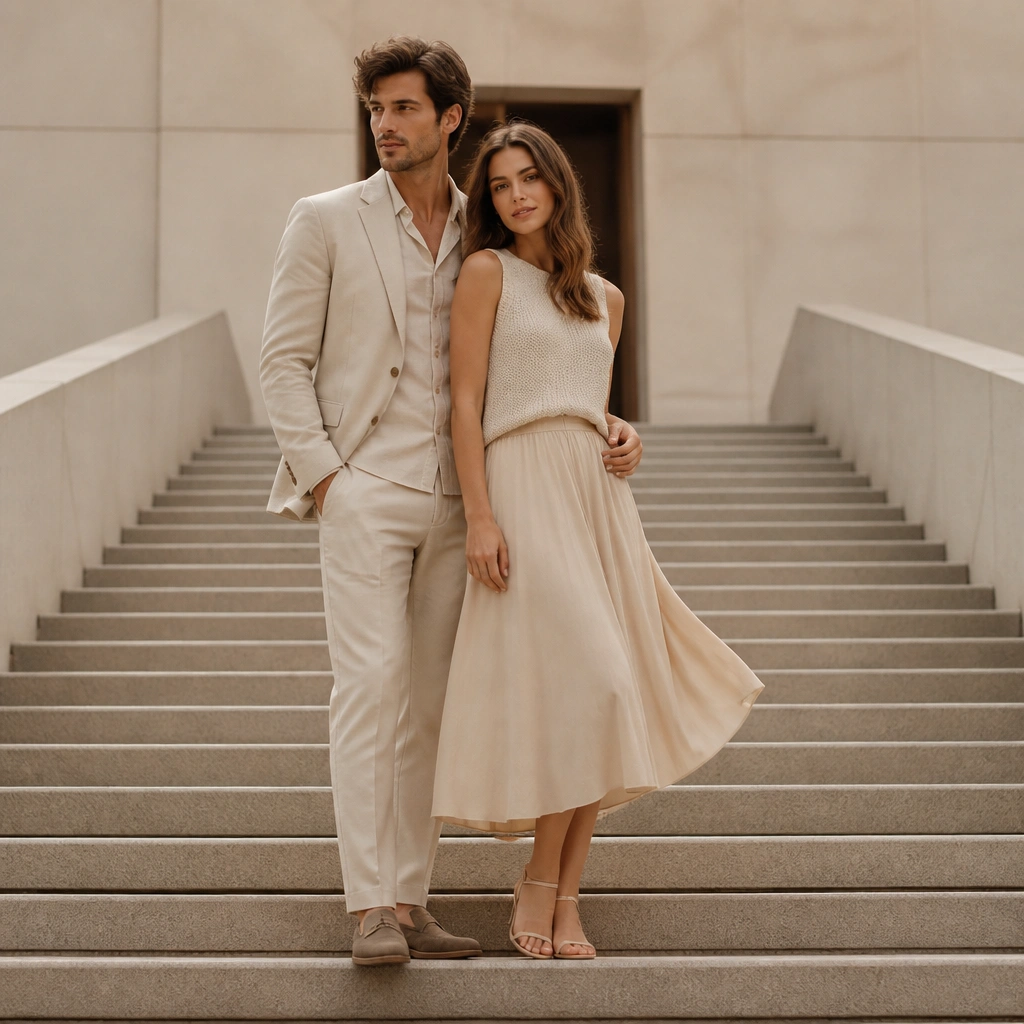 A couple standing on a simple staircase, both wearing sand and beige outfits; the man in a light blazer, the woman in a flowing midi skirt; the steps create strong leading lines toward the camera.