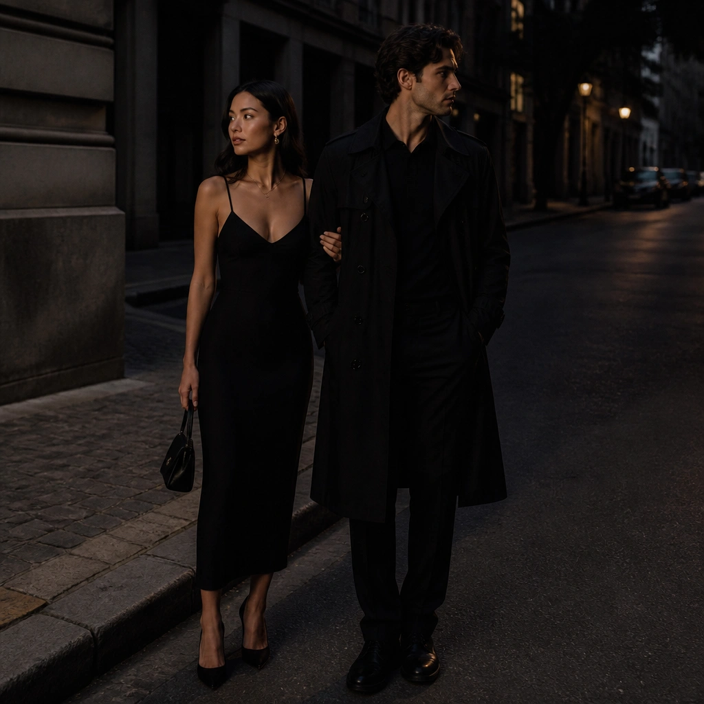 A couple in head-to-toe black, the woman in a black slip-style midi dress and the man in a black trench coat; they’re photographed at dusk with a soft dark street and minimal streetlight glow.