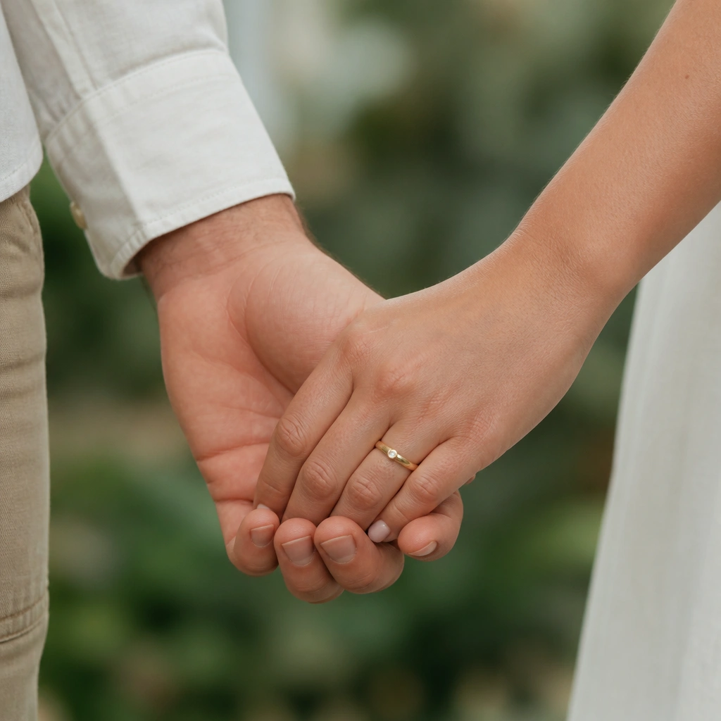 Close-up framing of hands holding gently; the man’s cream shirt cuff and tan trousers are visible, the woman’s simple gold ring and natural nails show, background blurred with soft greenery.