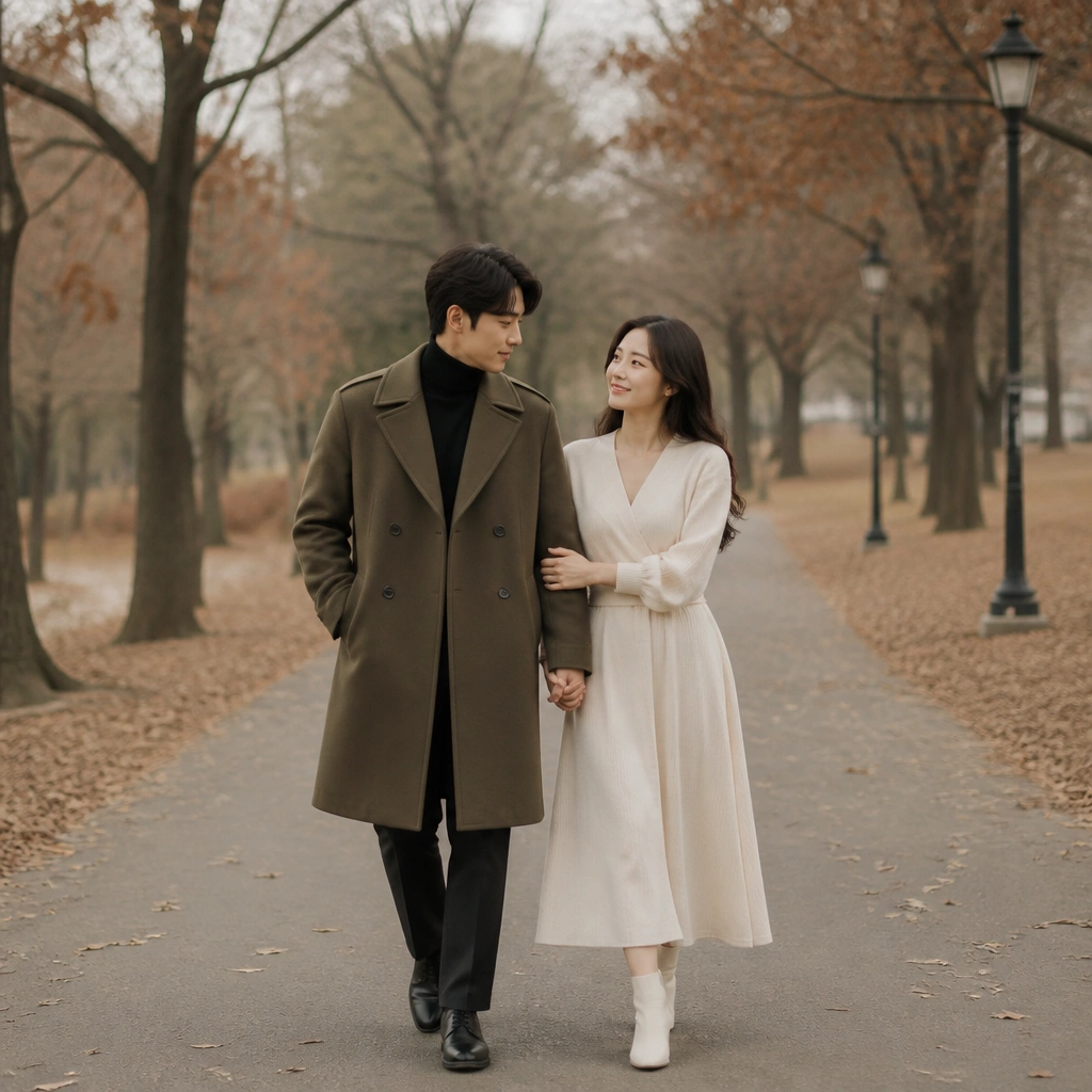 A couple walking through an open park path, the man in an olive overcoat and the woman in an off-white dress; autumn leaves are muted and the composition stays centered.