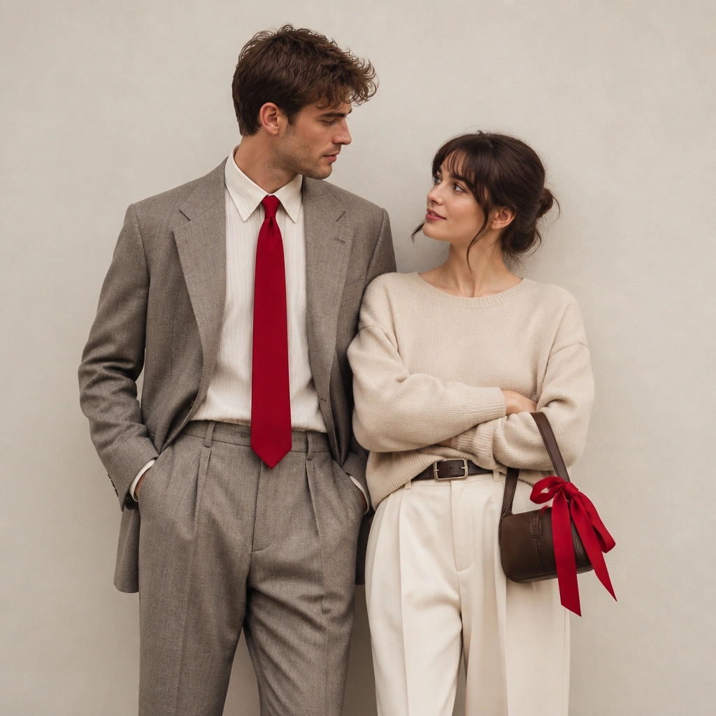 A couple in neutral outfits (beige, gray, cream) with one bold red accent: a red tie for the man and a red ribbon detail on the woman’s bag; they stand in front of a plain wall.