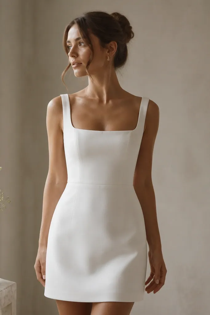 A short ivory crepe wedding dress with a square neckline, sleeveless cut, and a straight waist seam that creates a subtle structured silhouette; hem hits mid-thigh; minimal seam lines.