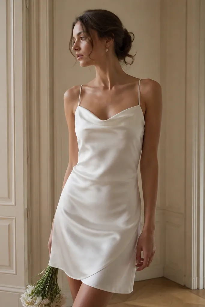 An off-white satin slip wedding dress, short length, thin spaghetti straps, and a bias-cut drape that catches light; minimalist, no lace; soft sheen across the skirt.