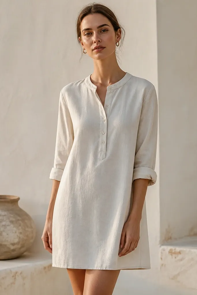 A short minimalist ivory linen-blend dress with a button-front placket, collarless or soft collar, long sleeves rolled to the forearm, and a relaxed straight skirt; crisp, natural texture.