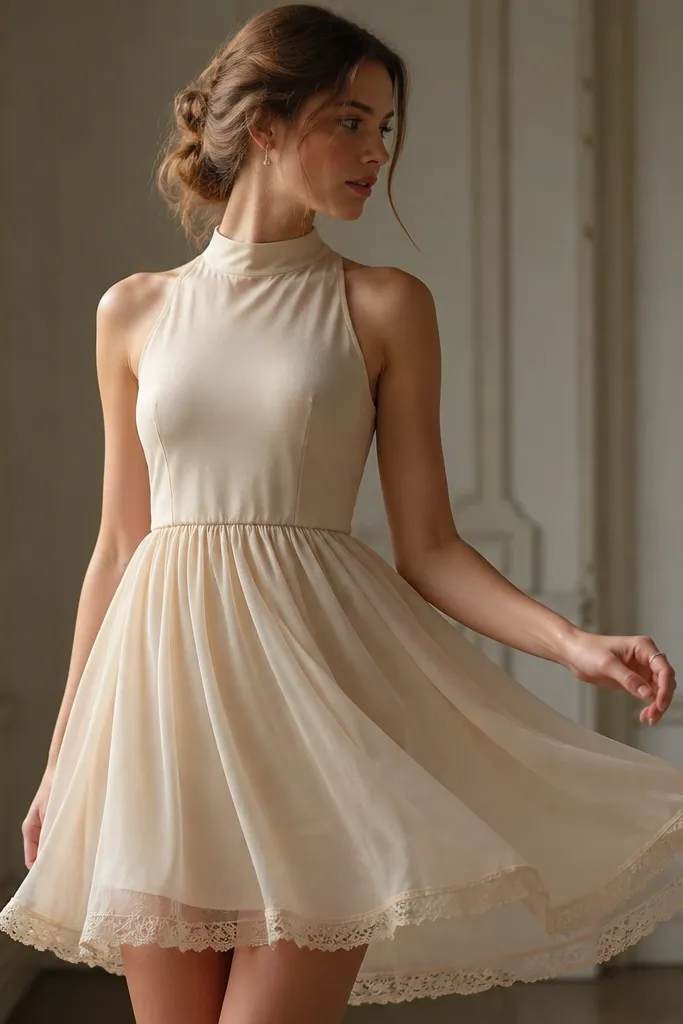 A short sheer chiffon dress with a fully lined bodice, minimal lace trim only at the hem, and a high neckline; flowing skirt with airy movement.