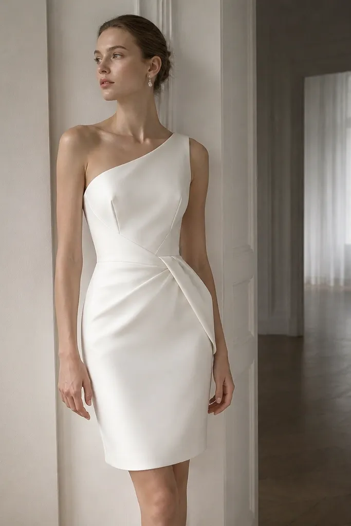 A short ivory mikado wedding dress with one-shoulder strap, structured bodice, and sculpted drape at the waist; straight skirt with a clean hem line.