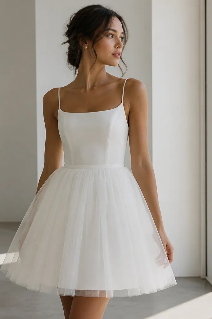 A short minimalist wedding dress with a fitted underlayer and a thin tulle overlay skirt; simple straps and a clean bodice; soft volume only at the skirt.