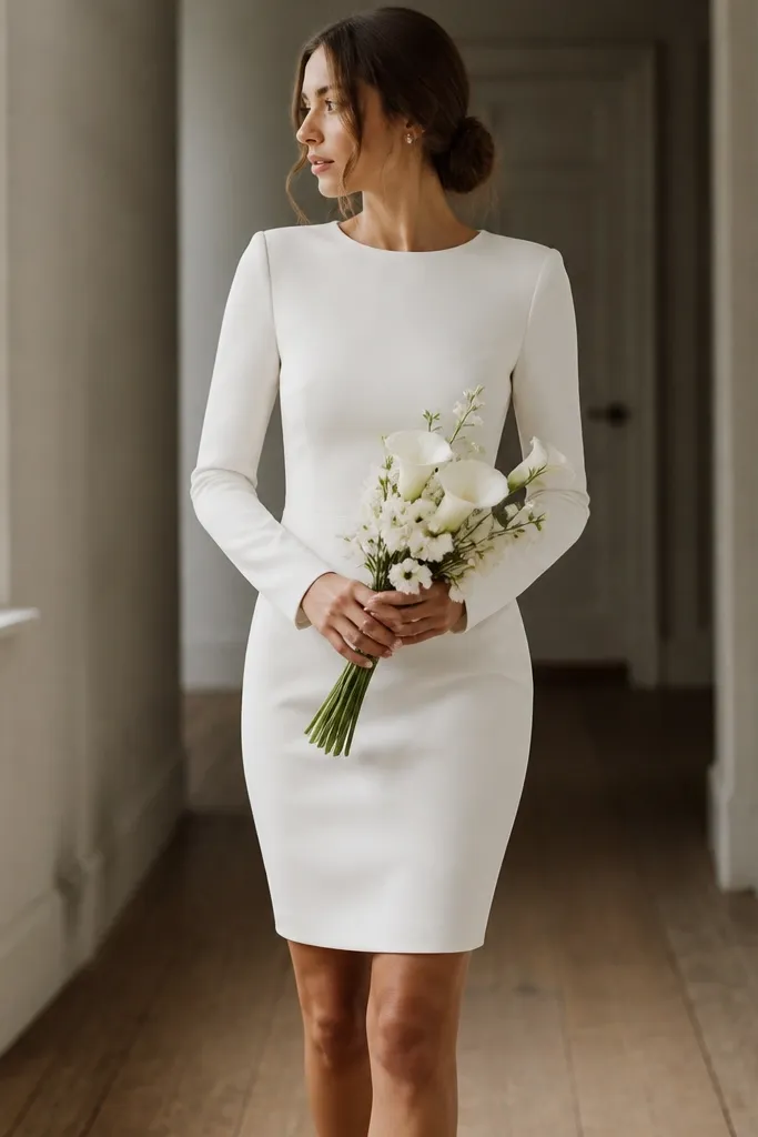 A short ivory jersey wedding dress with long sleeves, a crew or modest neckline, and a straight skirt that skims the body; matte fabric with clean lines.