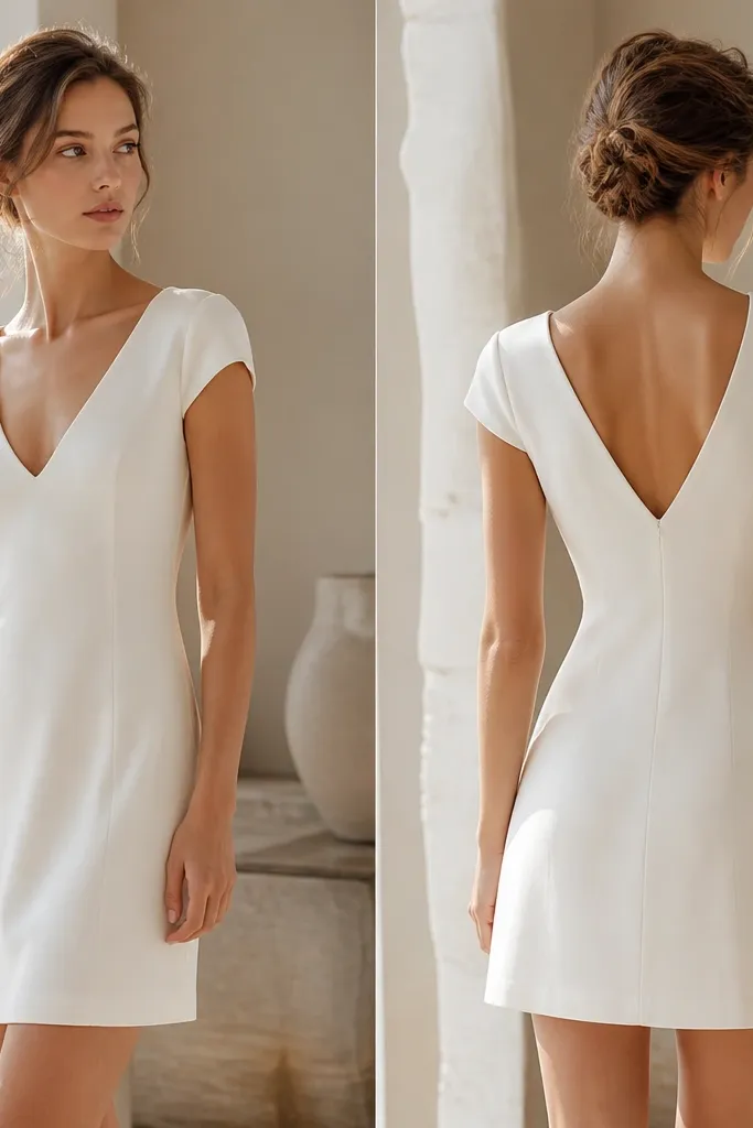 A short ivory crepe dress with tiny cap sleeves, a simple V-neck front, and a V-shaped back; clean skirt with a crisp hem.