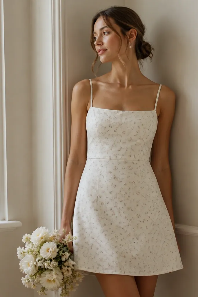 A short wedding dress in modern neutral tones with a very small micro-floral print, clean silhouette, simple straps, and a smooth skirt; no lace overlay.