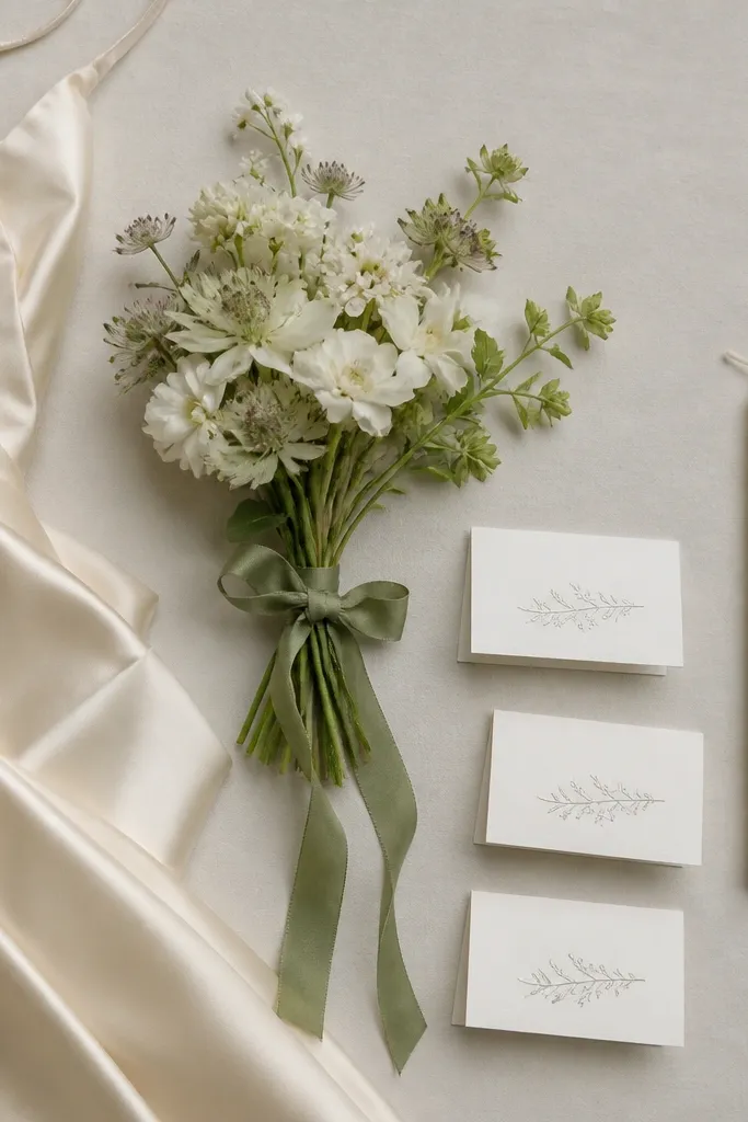 A minimalist wedding flat-lay showing a cream satin bridal gown, a slim sage-green ribbon tied around a small bouquet, and place cards on white textured cardstock with silver ink. A single eucalyptus sprig sits beside a white taper candle.