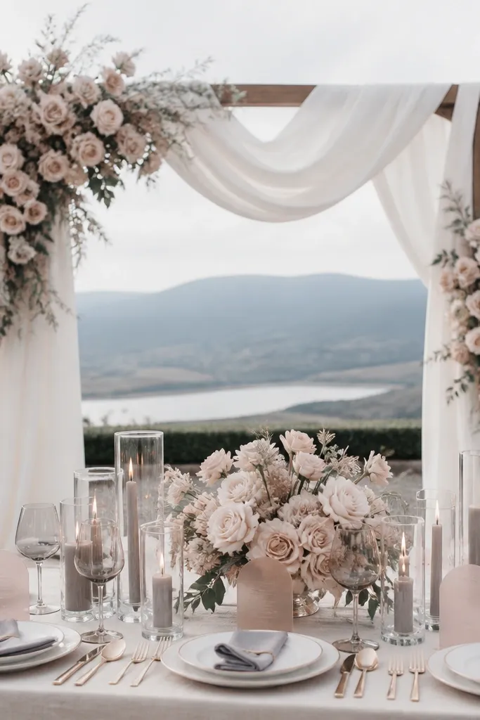 A styled ceremony arch with white draping fabric, smoke-gray candles in glass holders, and a blush rose-and-cream bouquet. The table setting includes porcelain plates, gray napkins, and blush acrylic menu cards.