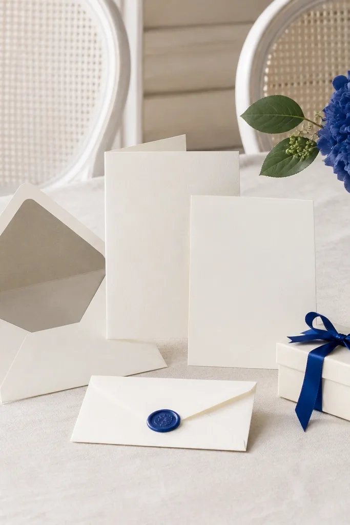 A clean invitation suite on ivory paper with greige envelope liner, a tiny cobalt-blue wax seal, and a small cobalt ribbon tied to a minimalist gift box. Background shows white chairs and a cobalt flower cluster in a vase.