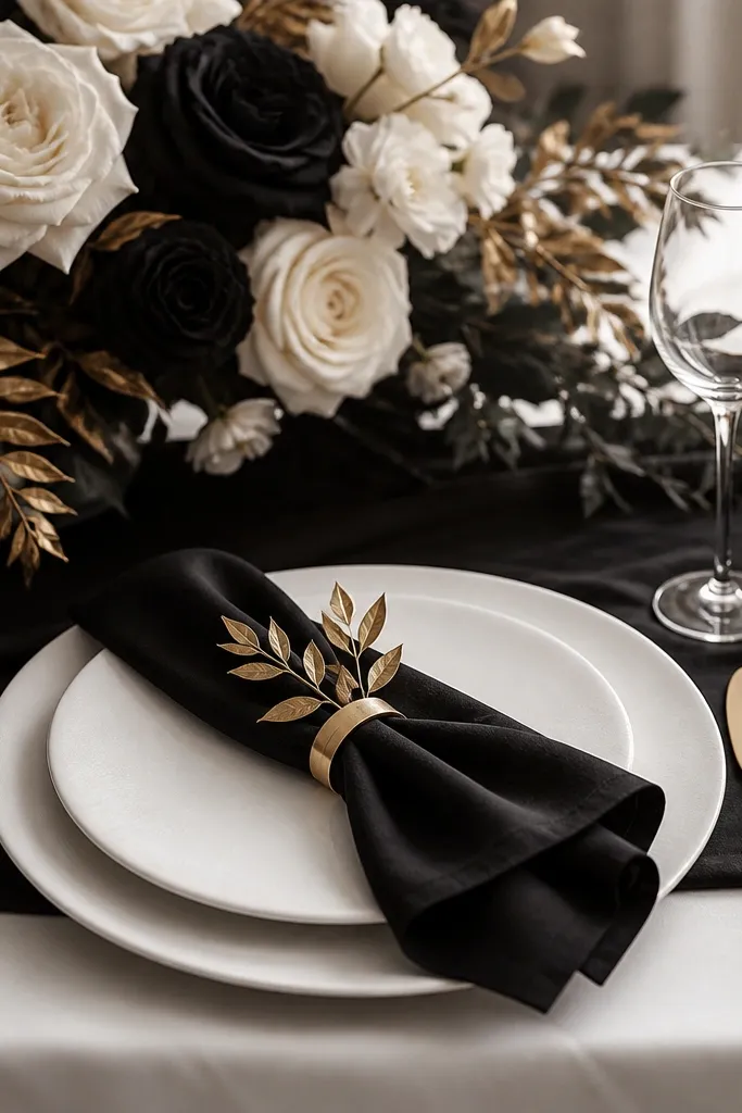 A dramatic yet minimalist black-and-white place setting: pearl-white plates, a soft black table runner, champagne gold flatware, and a black-and-ivory bouquet with a few gold-tinted leaves.