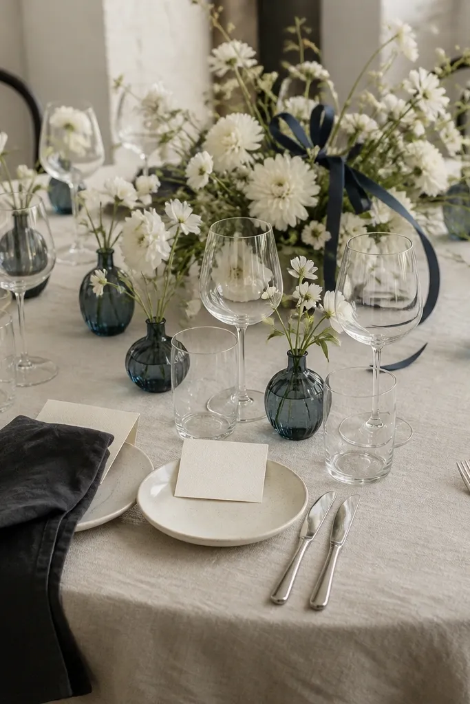 An ecru linen tablecloth with charcoal napkins, ink-blue glass bud vases, and a bouquet arranged with white blooms and a few ink-blue ribbon loops. Seating cards are charcoal text on ecru paper.
