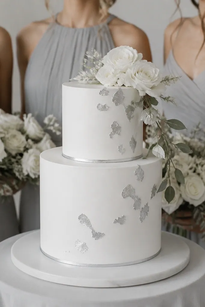 A monochrome setup with cloud-gray bridesmaid dresses, white florals, and silver leaf scattered on a minimalist cake. The cake has a smooth white frosting with a thin silver border.