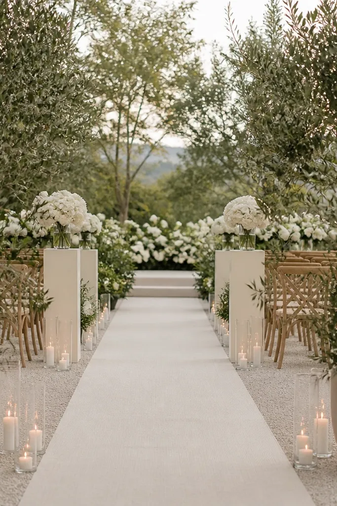A ceremony aisle with cream runners, olive-green potted plants lining the path, and white blossom bouquets. The signage is cream board with olive lettering, and the candle holders are simple clear glass.