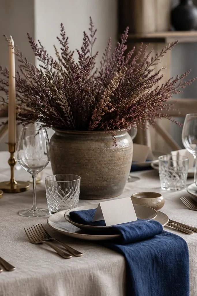 A rustic-modern table with oatmeal-colored linens, soft navy napkins, and a centerpiece of dried heather in muted purple. Place cards are navy ink on oatmeal cardstock.