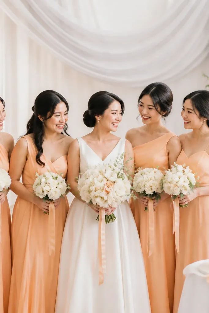 A clean white reception backdrop with light gray draped fabric, peach-apricot bridesmaid dresses, and a bouquet of white flowers with apricot ribbons. The cake is white with a peach ribbon detail.
