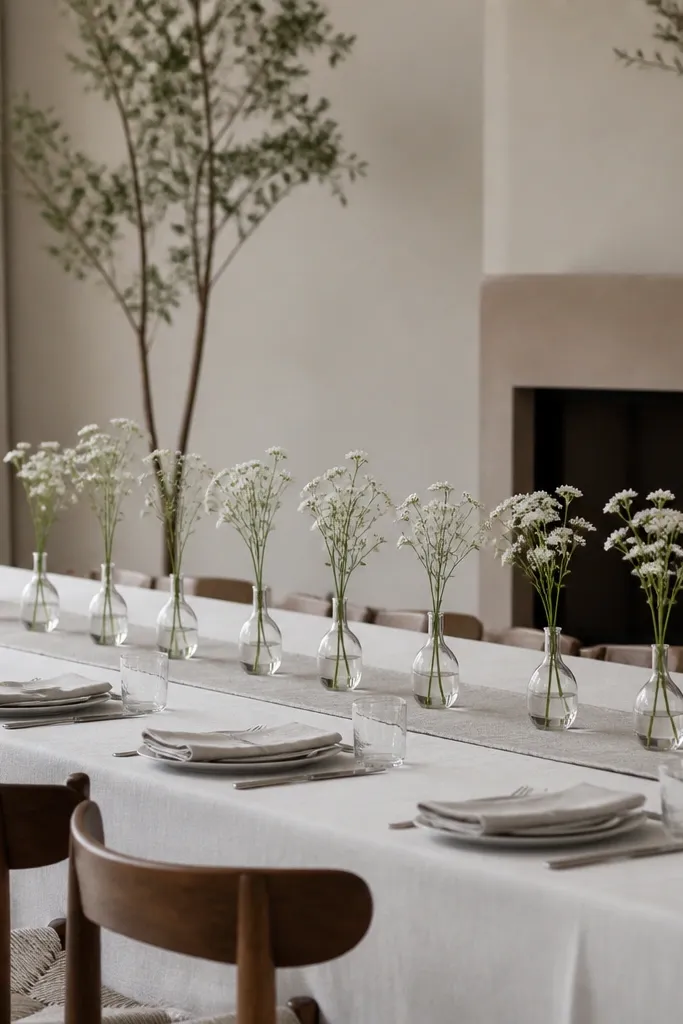 A long dining table with a row of clear glass bud vases, each holding one stem with small white blooms, evenly spaced across the center runner; minimal candles sit at the ends.