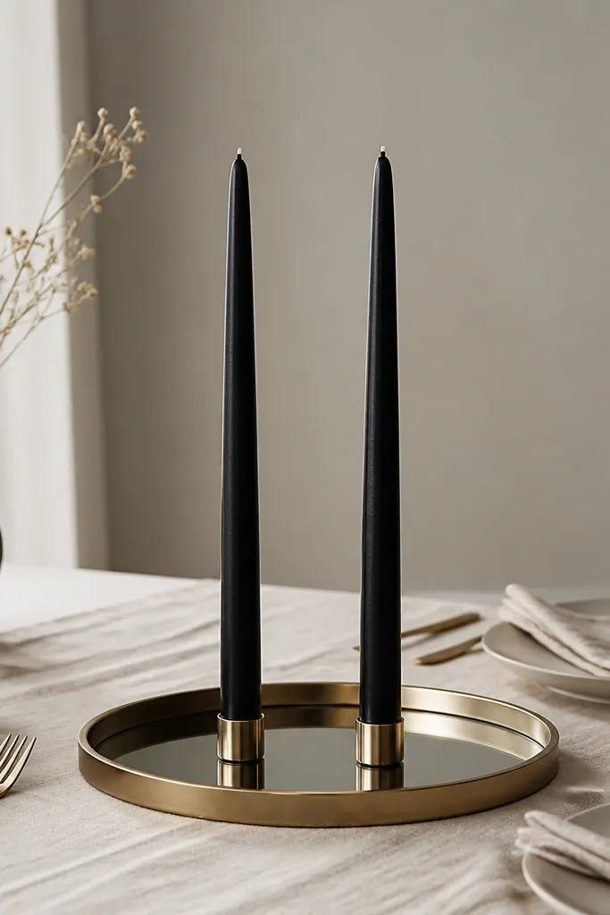 Two matte black taper candles standing upright on a shallow mirrored tray; thin gold cutlery and linen napkins are visible around a minimalist table runner.