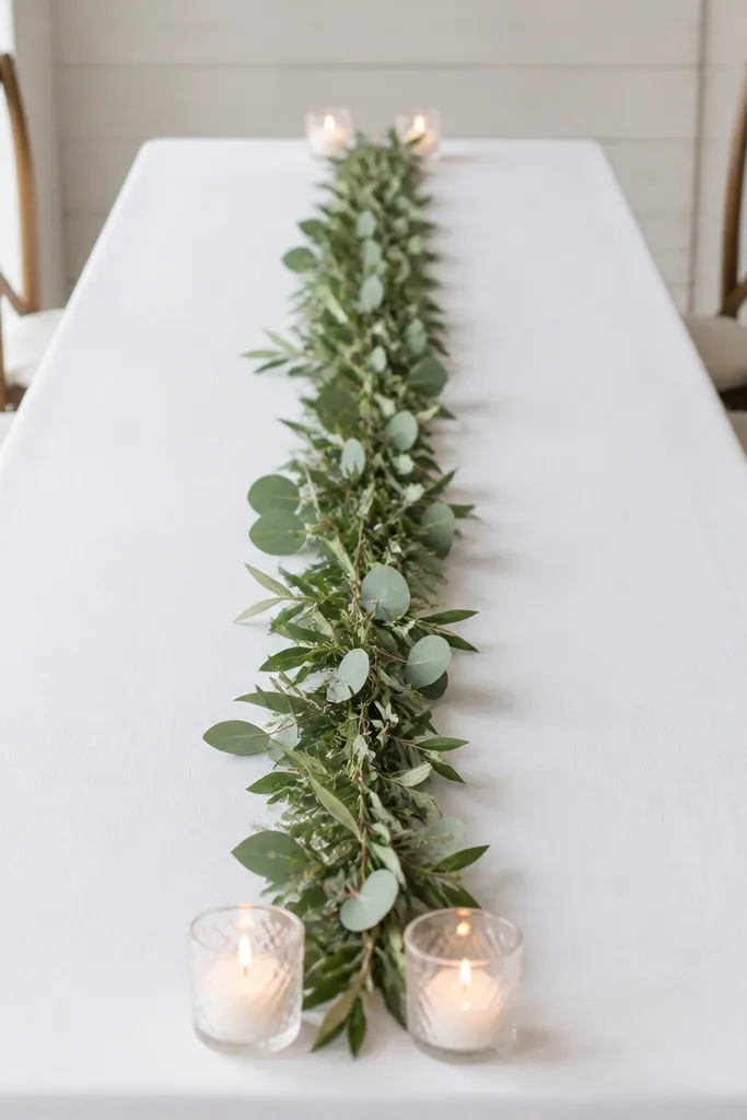 A narrow greenery garland (eucalyptus and olive leaves) runs down the center of a white tablecloth; small votives are placed only at both ends.