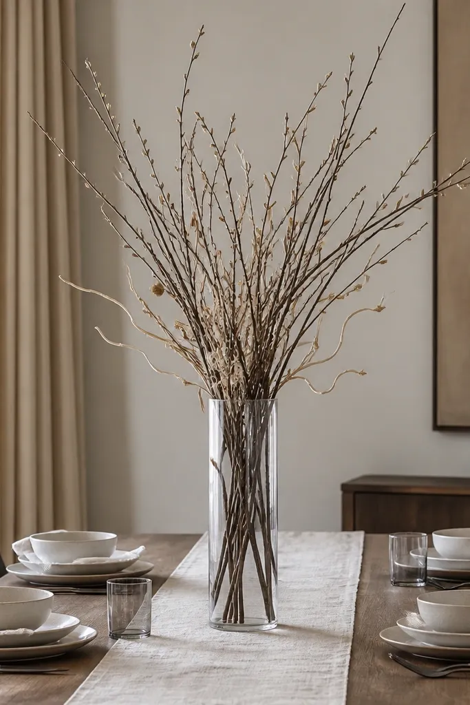 A tall, clear statement vase filled with bare branches and a few neutral twigs; the table has a simple cream runner and minimal place settings.