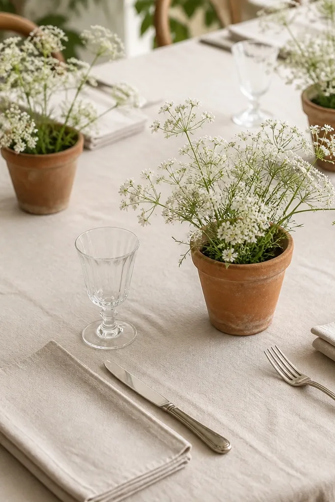 Small terracotta planters hold airy white blooms; linen napkins are folded in simple rectangles on a light beige tablecloth.
