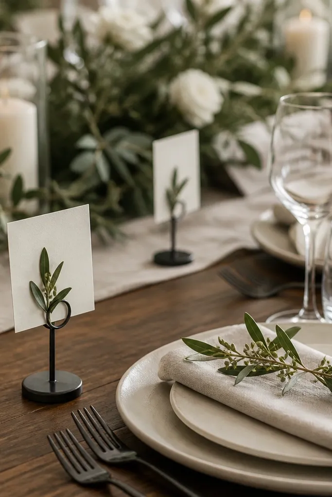 Matte black metal place card holders placed near each plate; each includes a small cream card and a tiny sprig of greenery.