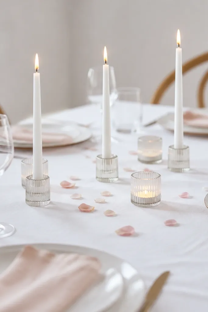 A clean white table surface with a few small scattered petals in one color near the center; no bulky centerpieces, just candles in holders.