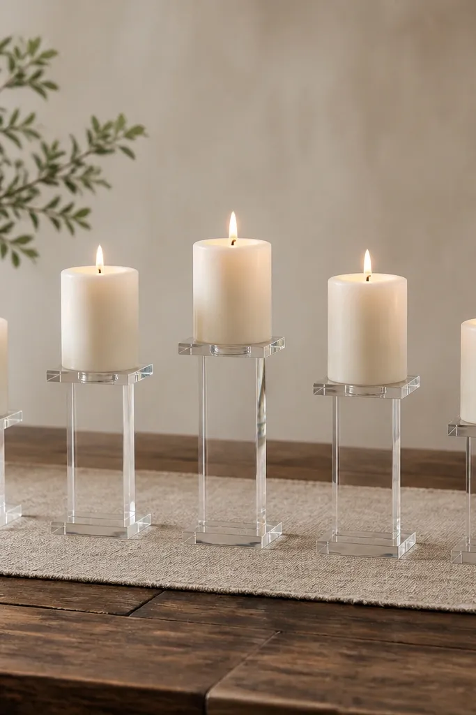 A row of clear acrylic risers across the table, each holding a single ivory candle; the background is a neutral beige runner.
