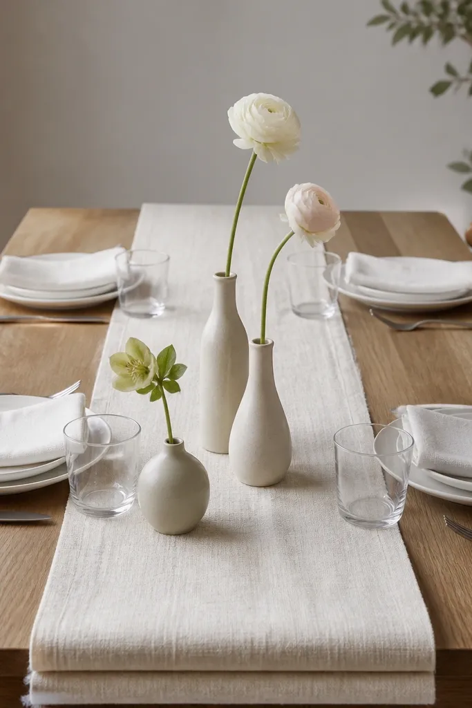 A folded cream linen runner down the center with three bud vases of different heights, each with one stem; plates and napkins are crisp and simple.