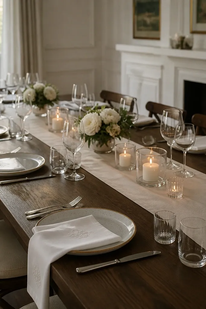 White napkins with a subtle monogram near each plate; the table center has only a few low candles and a sleek runner.