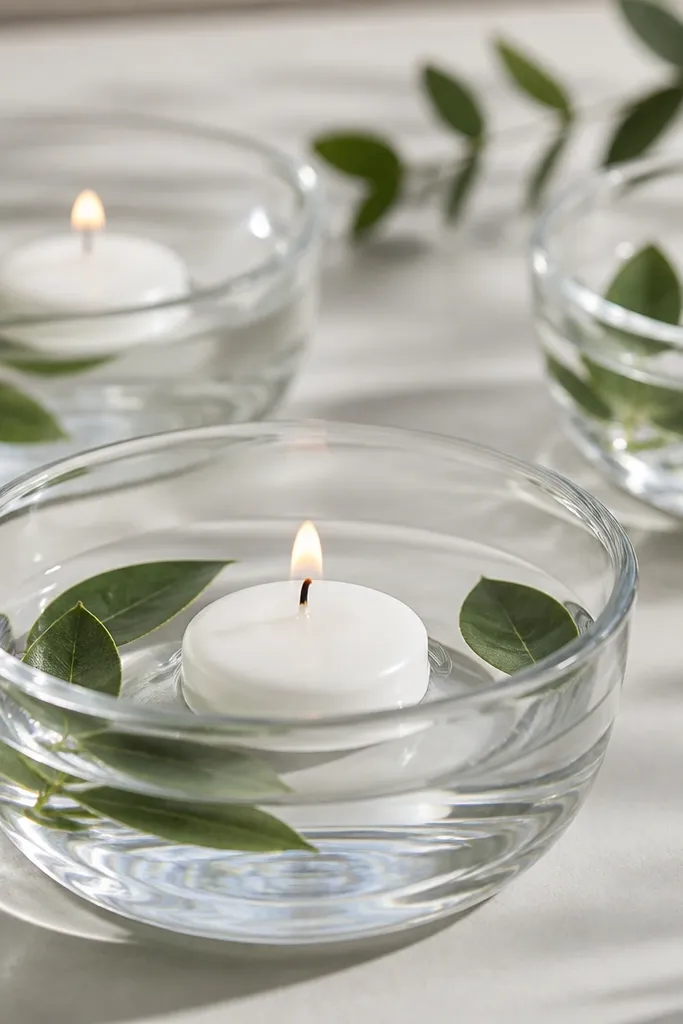 Low clear glass bowls with a small amount of water; floating white tealight candles sit inside, with a few green leaves around the edges.