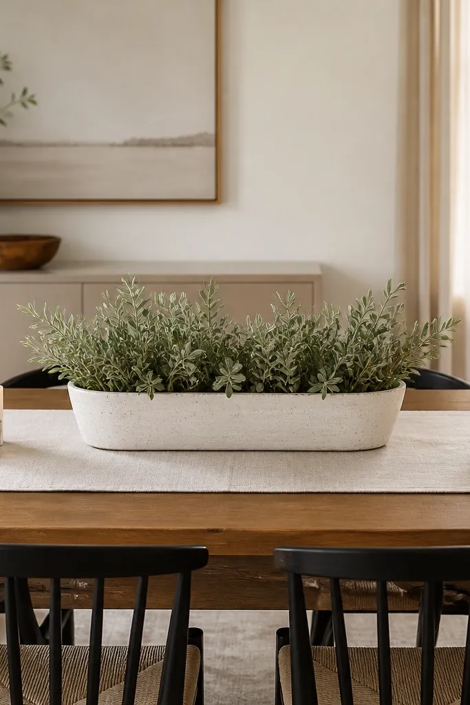 A long ceramic planter centered on the table holding sage-green stems; the rest of the runner is empty with only small candle clusters at the ends.