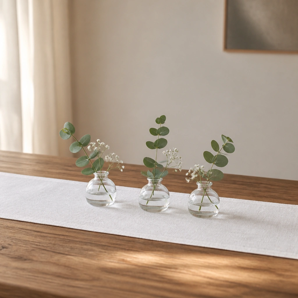 A long white linen table runner with subtle texture. Three short bud vases sit in a row, each holding a single stem of eucalyptus and a couple of tiny white blooms. The rest of the table is clean and empty.