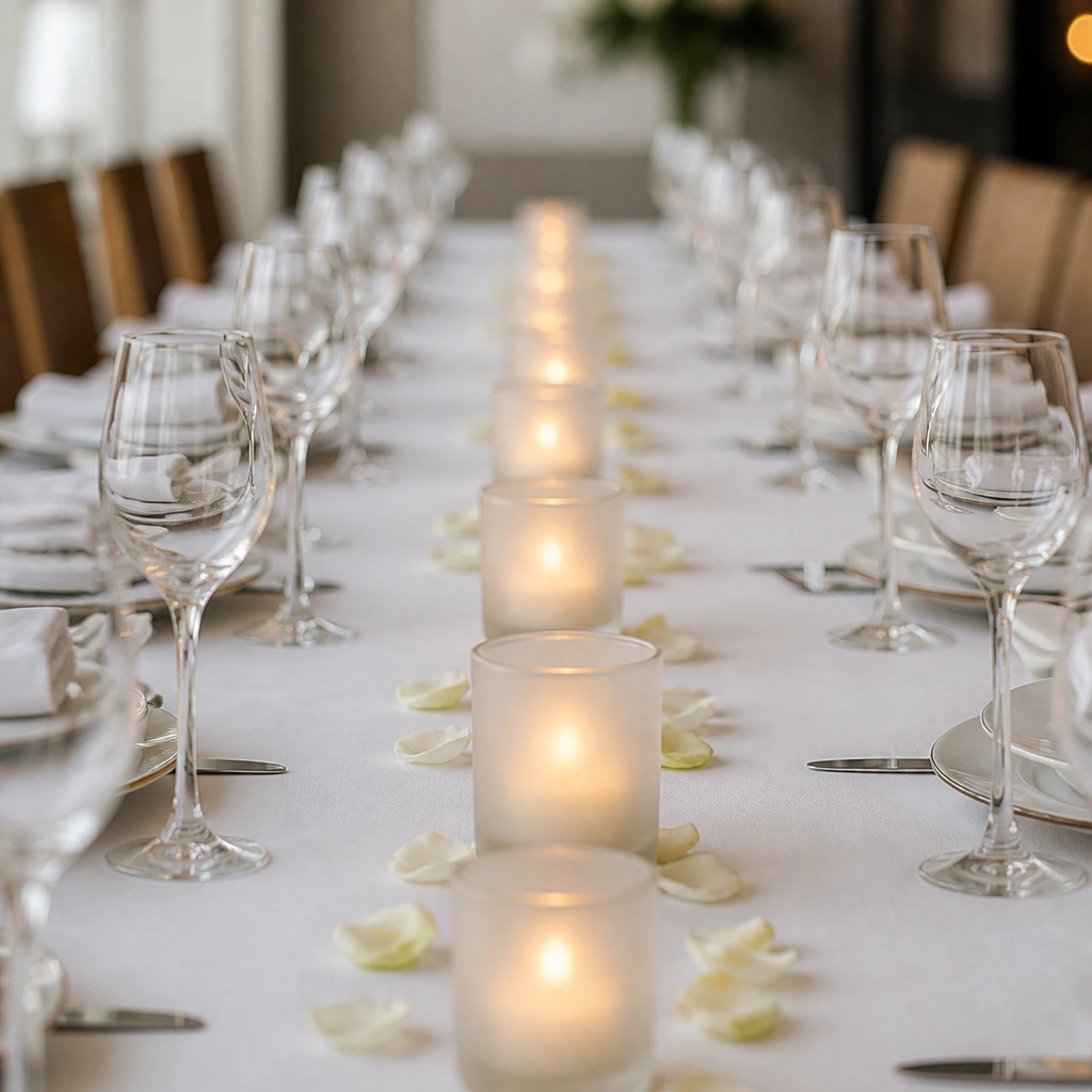 A row of frosted glass votives aligned down the center of the table. Each votive is lit, with soft warm flames visible through cloudy glass. No extra flowers are added, only a few scattered petals near the base.