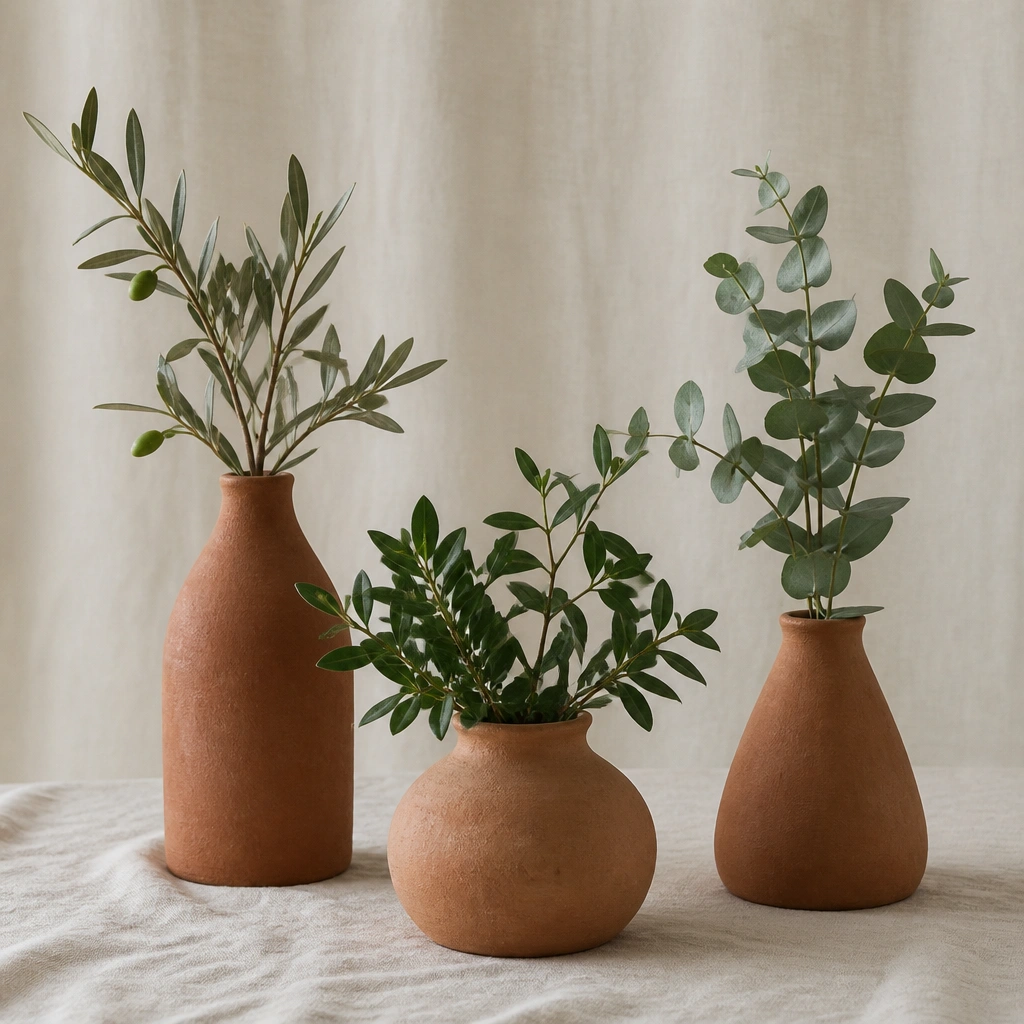 Three matte terracotta-clay bud vessels on a neutral tablecloth. Each vessel holds only green stems (olive, ruscus, or eucalyptus) with no white flowers. The vessels look hand-finished and slightly imperfect.