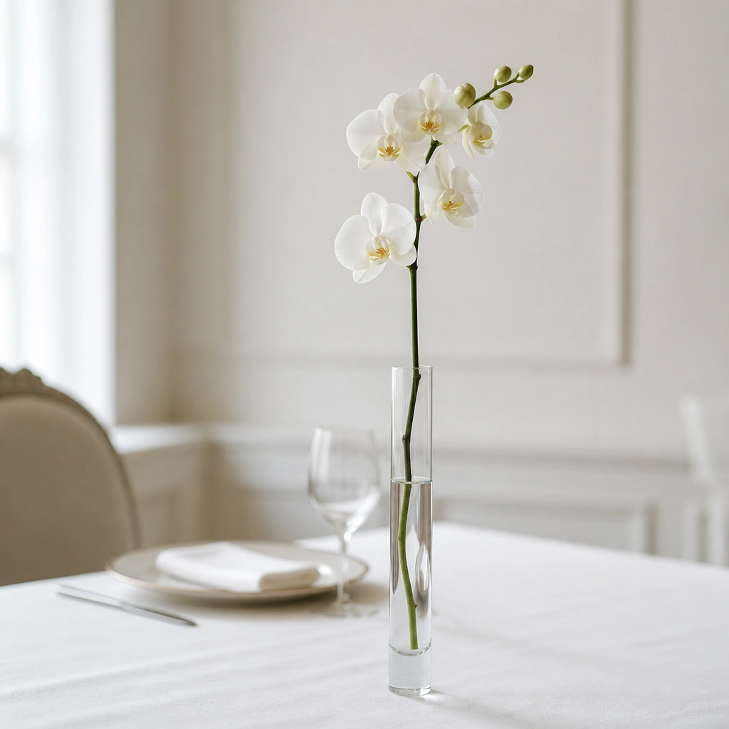 A clear acrylic or glass water tube holding one tall orchid stem. The stem rises above the table centerpiece height, but the base stays compact. Background table is mostly bare with a simple place setting.