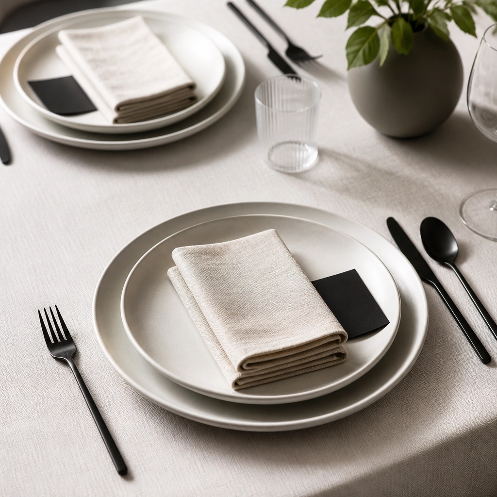 Folded linen napkins stacked neatly on each plate. A small black card sits under the napkin or beside it, with simple white text. No patterned extras, just crisp edges and a clean table.