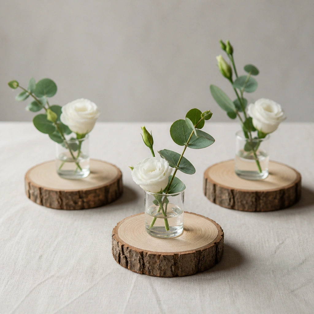 Round wood slice coasters placed as a base under small bud arrangements. Each coaster holds a tiny glass cup with one green stem and one small white bloom. The table is otherwise uncluttered.