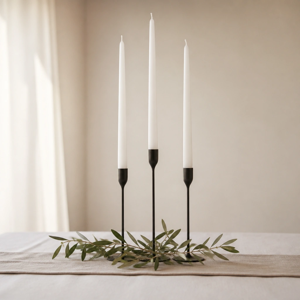 A center arrangement with three tall white tapers in slim holders and one olive branch draped across the base. No additional flowers. The table surface is mostly empty with a smooth runner.