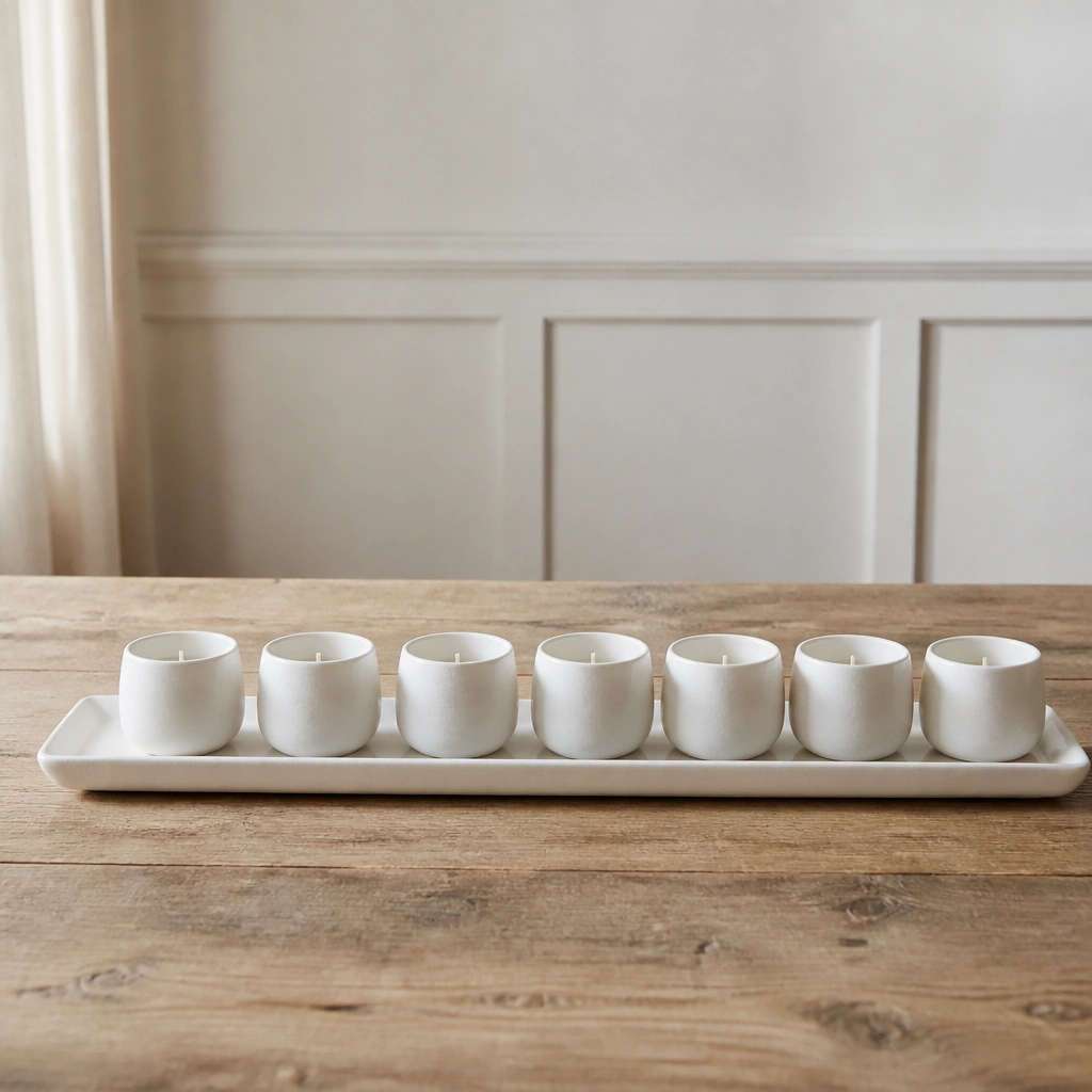 A long rectangular tray holding several white ceramic votives, all at the same spacing. The tray sits centered on the table, with no extra decor around it. The votives are unlit in the photo.