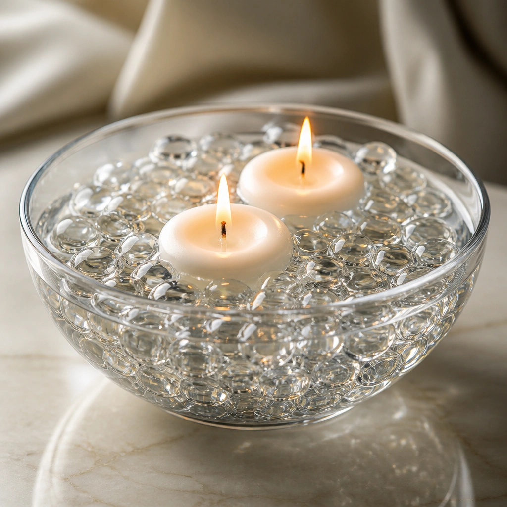 A shallow clear glass bowl filled with transparent beads that catch light like water. Two small floating candles sit on top, creating gentle reflections. No flowers are present.