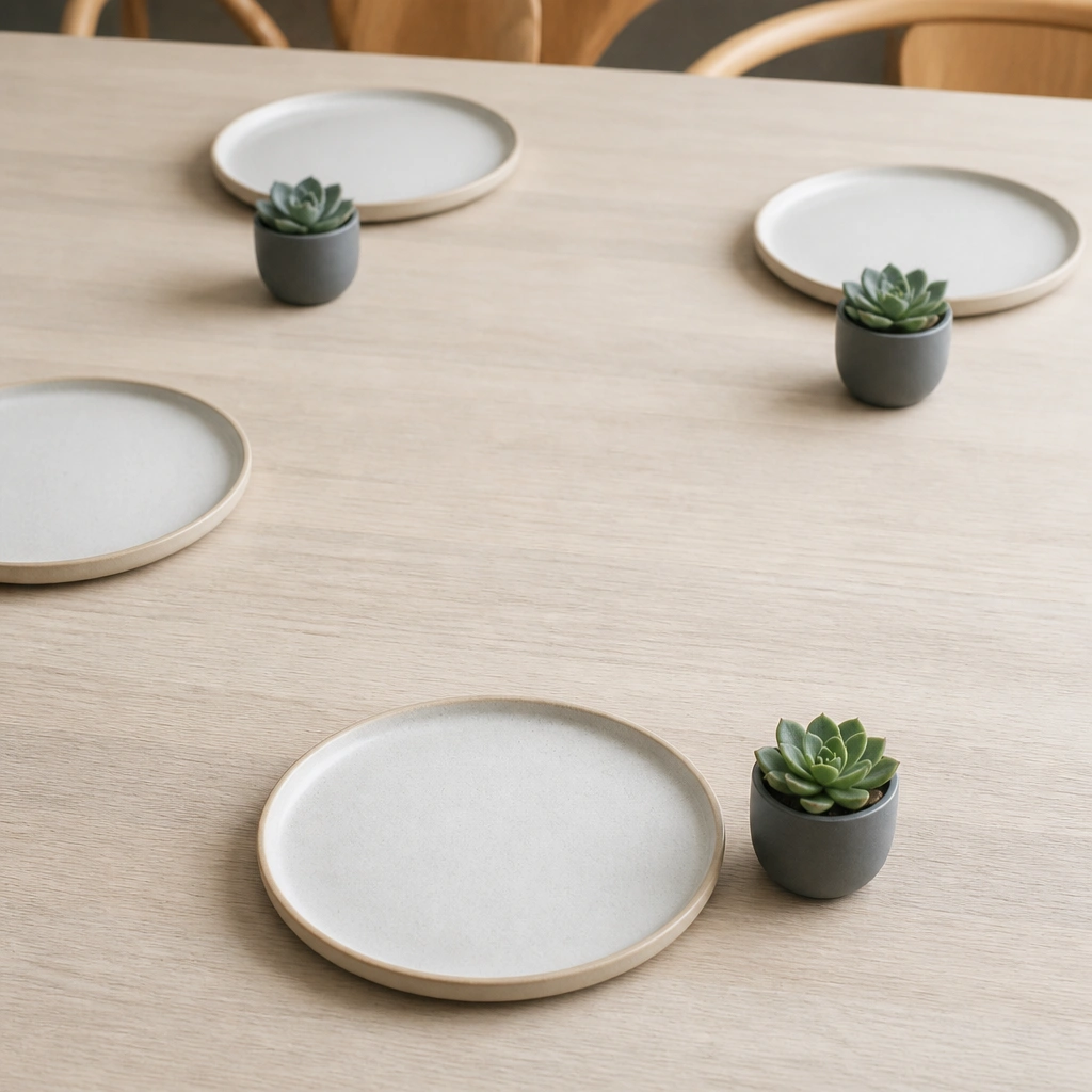 Small smoke-gray planters placed near each plate. Each planter holds a single succulent with tight leaves. The table has a consistent grid-like pattern with plenty of empty space.