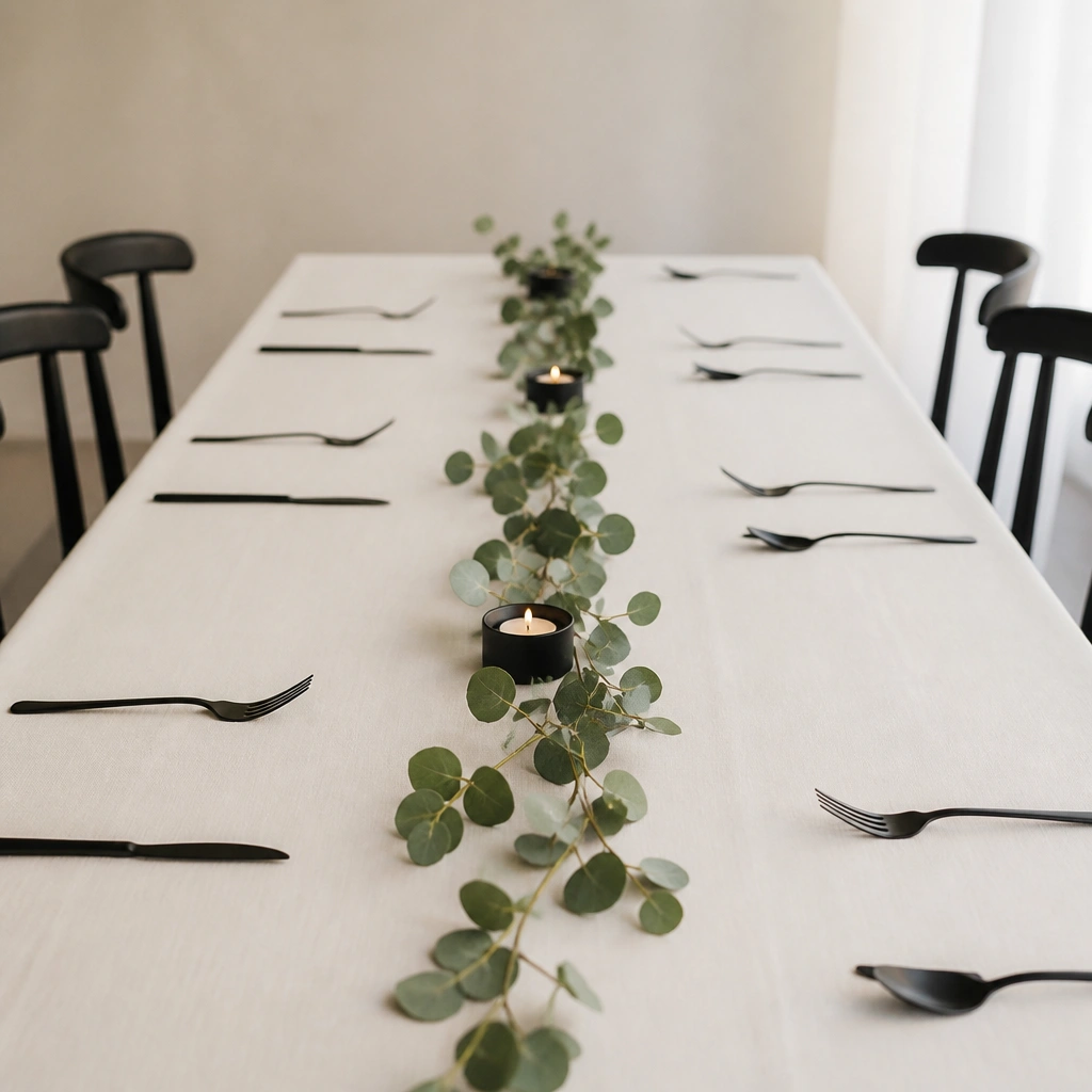 An ivory tablecloth with black cutlery and a single straight line of eucalyptus leaves running down the center. Small black candle holders sit at intervals. Everything else is bare.