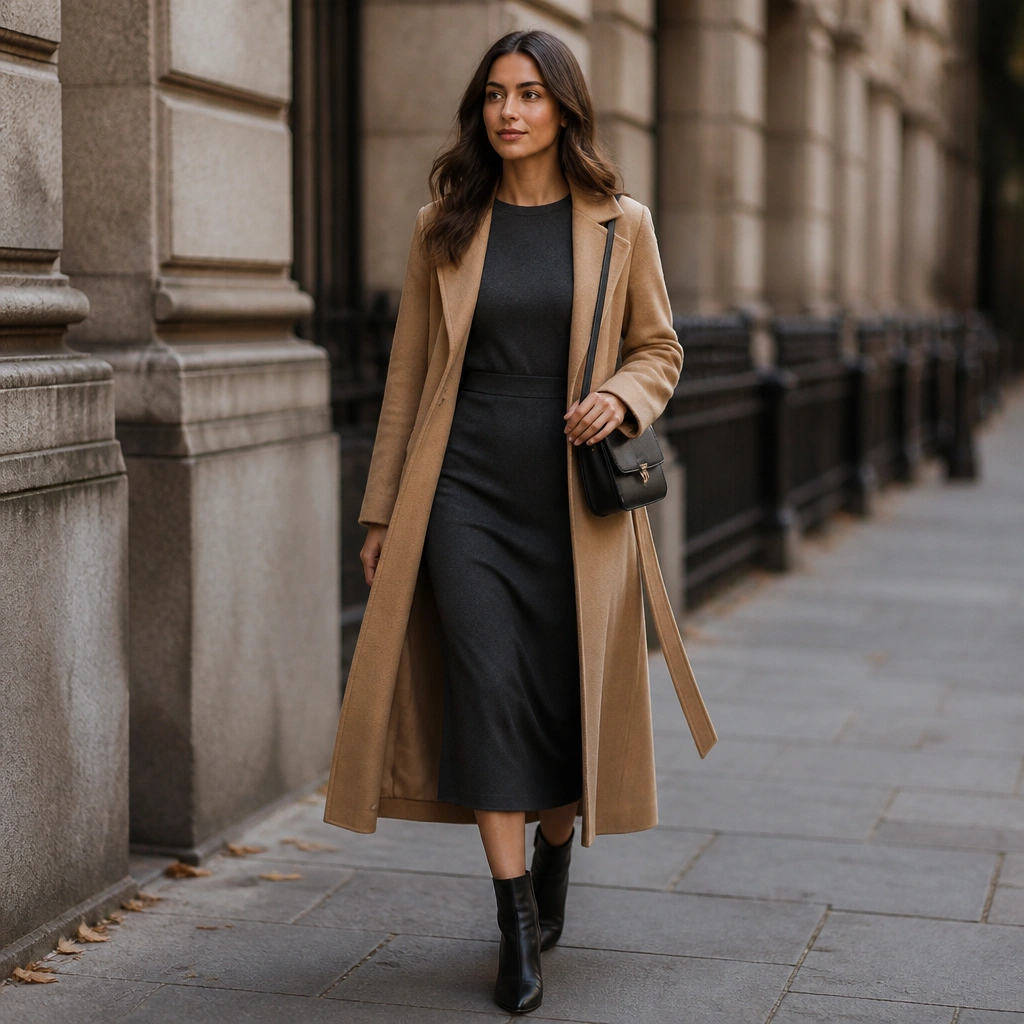 A charcoal gray midi dress with a fitted waist and long sleeves, paired with a camel wool wrap coat. The outfit is styled with black ankle boots and a small structured crossbody bag.