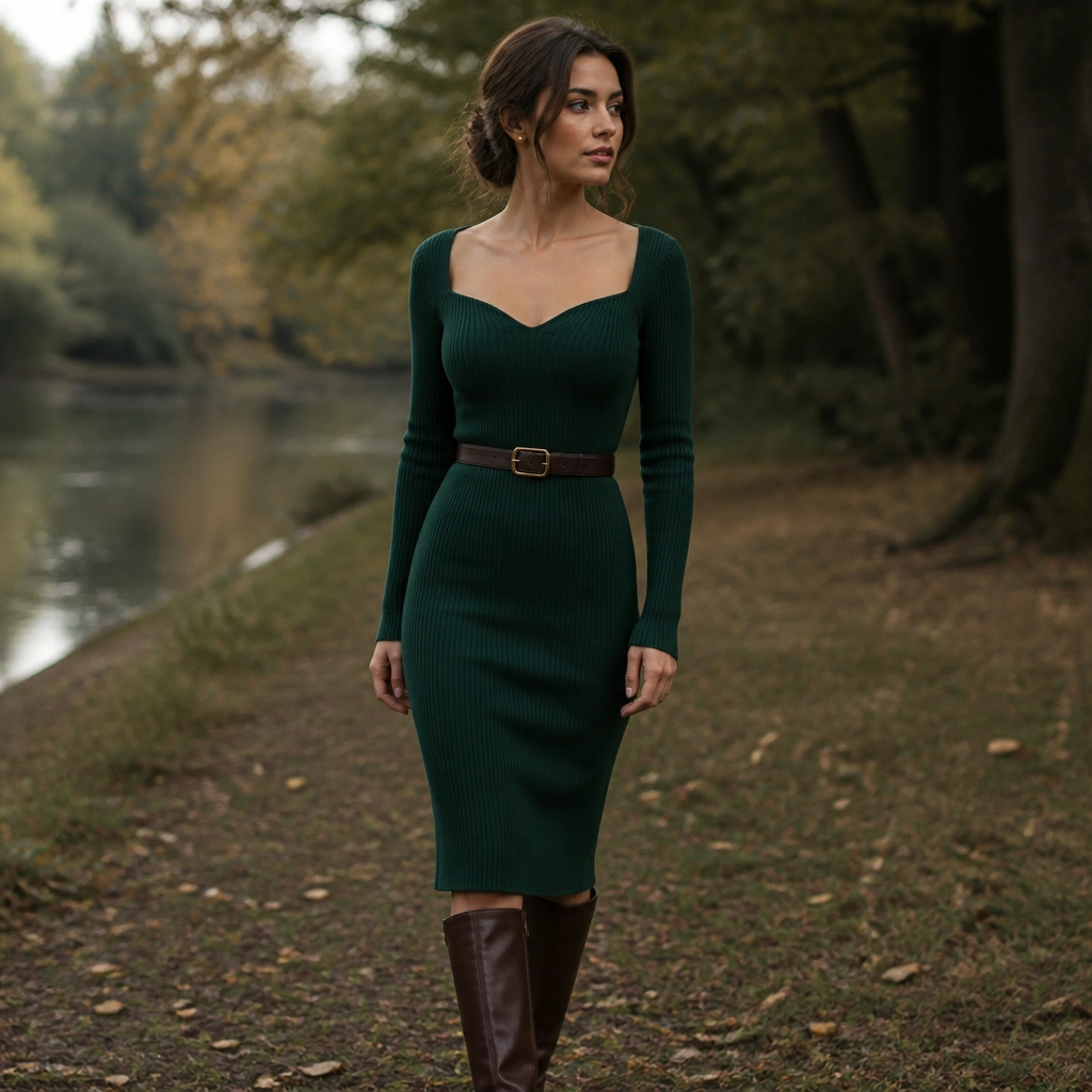 A forest green fitted knit dress with a structured neckline, cinched with a dark brown leather belt. Styling includes knee-high boots and small gold stud earrings.