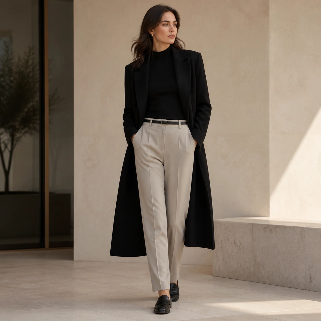 A minimalist two-piece outfit: oatmeal straight-leg trousers paired with a black mock-neck fitted top. A long black topcoat completes the look, with sleek loafers and a minimal belt.