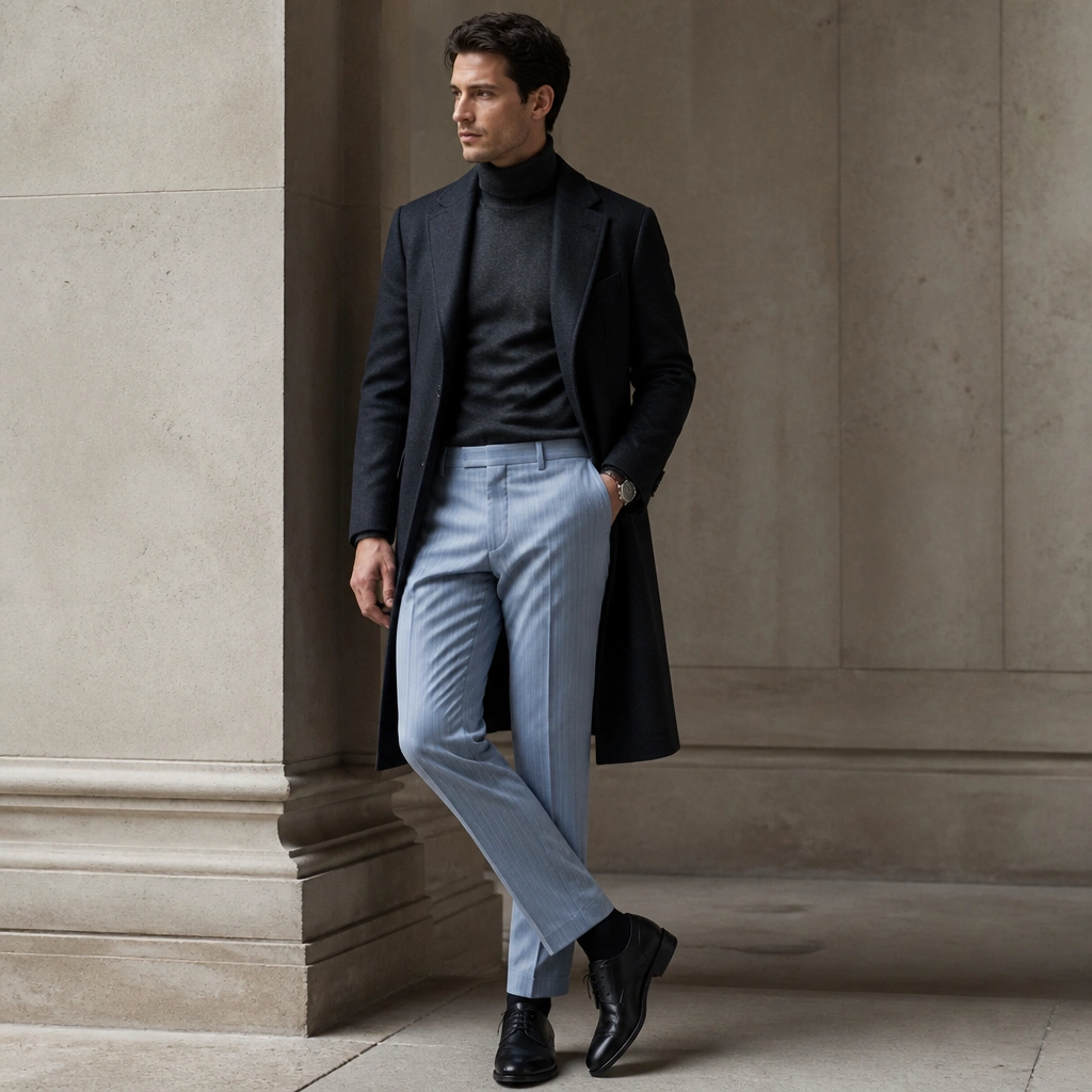 Light blue pinstripe trousers with a charcoal fitted turtleneck and a structured charcoal overcoat. The styling includes dark leather dress shoes and a minimal watch.